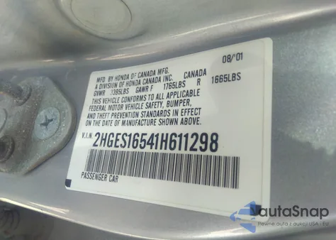 2001 Honda Civic Lx z USA, uszkodzony, nr VIN 2HGES16541H611298